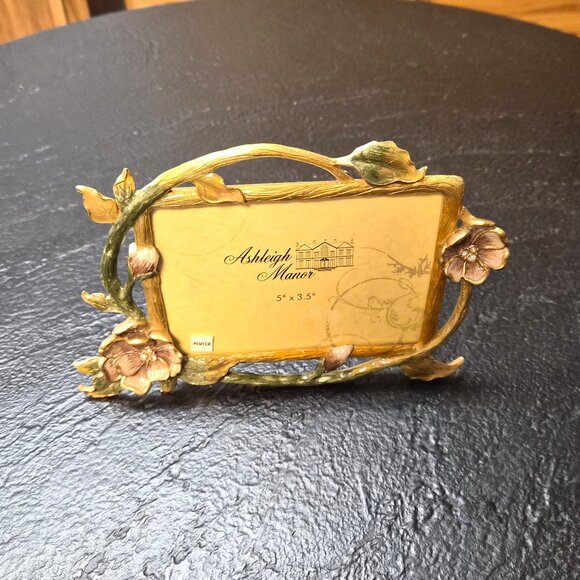 Ashleigh Manor Pewter Enamel Floral Jeweled Picture Frame 5x3.5'' Photo Shabby - Picture 1 of 4